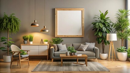 Modern living room with a large wooden picture frame on the wall surrounded by plants and a warm table lamp , modern living room, home decor