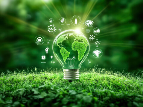 Green map in light bulb with renewable energy icon. Carbon emission low neutral
