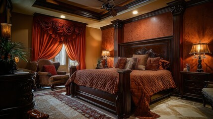 Fototapeta premium Elegant Master Bedroom Interior with Red Decor and Luxurious Fabrics