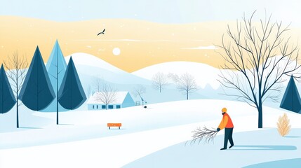 Serene Winter Landscape with a Person Collecting Branches, Snow-Covered Trees, and Gentle Mountains Under a Warm Sunset Sky in a Peaceful Setting