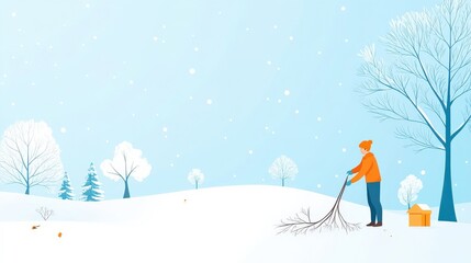 Winter Scene of a Person Gathering Twigs in a Snowy Landscape with Bare Trees and Soft Falling Snowflakes in a Serene Environment