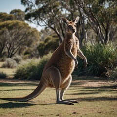 A kangaroo stretching its arms and legs before a leap, set against white.