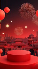 Festive fireworks over traditional chinese cityscape with red lanterns