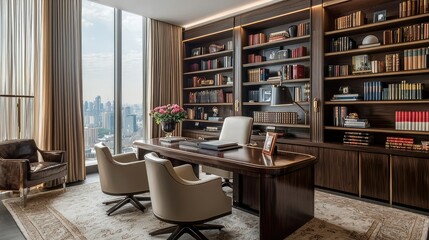 Elegant modern office interior design with city view