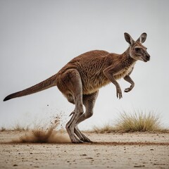 Fototapeta premium A kangaroo sprinting fast, with all four legs in the air, against a white backdrop.