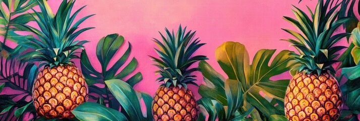 Fototapeta premium Colorful pineapples nestled among vibrant palm trees and lush foliage create a tropical paradise. Generative AI