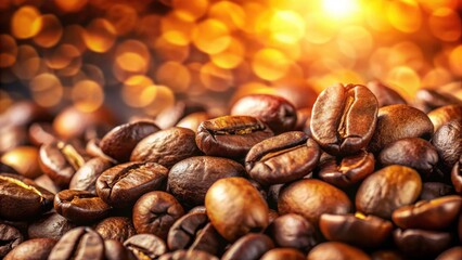 Obraz premium Close Up of Coffee Beans Background - High Depth of Field, Aromatic, Freshly Roasted, 