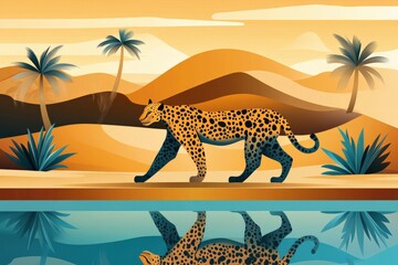 Stylized Illustration of a Leopard Walking Near a Reflective Water Body Amidst Desert Landscape with Mountains, Palms, and Warm Color Palette