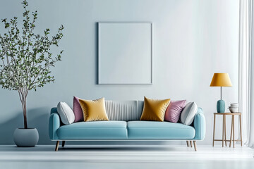 scandinavian interior design of modern living room with blue sofa