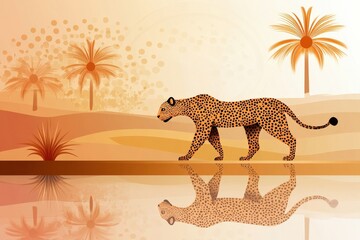 Abstract illustration of a cheetah walking along a sunset landscape, with vibrant colors, palm trees, and reflections on water, evoking adventure and wildlife art.