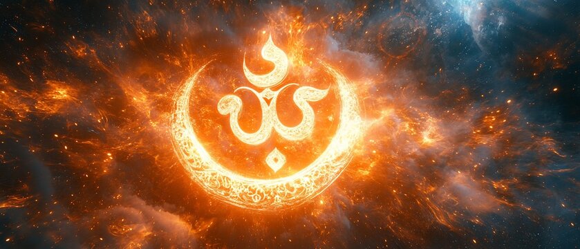Fiery cosmic Om symbol; nebula background; spiritual art