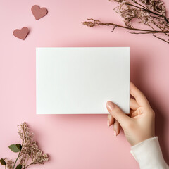 Obraz premium hand holding a blank portrait card mockup, valentines day theme 