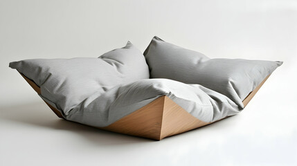Modern, gray fabric-covered, wooden, origami-inspired seating, studio shot