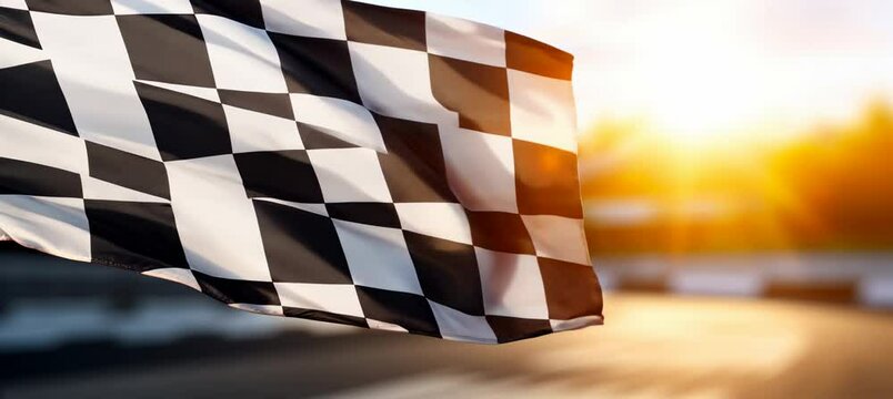 Wavy finish racing flag with sunset light effect. Moto sport competition championship. Generative video AI technology.	