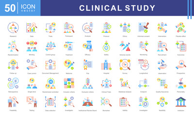 Clinical study icon collection set. Containing adverse event, baseline, double blind, blinding, case report form, endpoint, clinical trial icon.