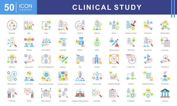 Clinical study icon collection set. Containing adverse event, baseline, double blind, blinding, case report form, endpoint, clinical trial icon.