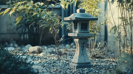 Tranquil Japanese Lantern in Zen Garden Surrounded by Greenery