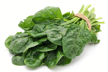 Pile of fresh green healthy baby spinach leaves on white background