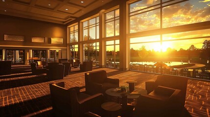 Fototapeta premium Luxurious lobby with sunset view.