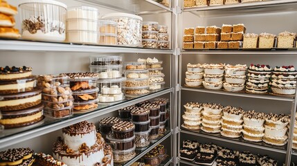 Colorful Display of Delicious Cakes and Desserts in Bakery Case