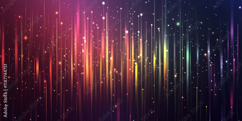 Poster abstract colorful light streaks and sparkles on dark background.