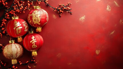 Festive red lanterns and cherry blossoms on red background