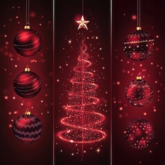 Red Christmas baubles, glowing tree, festive card
