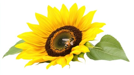 Bee pollinating sunflower, isolated white background, nature,  food packaging