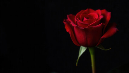 Fototapeta premium A vibrant red rose stands tall with intricate petals and green leaves, beautifully contrasted against a black background, highlighting its elegance and simplicity in a serene setting.