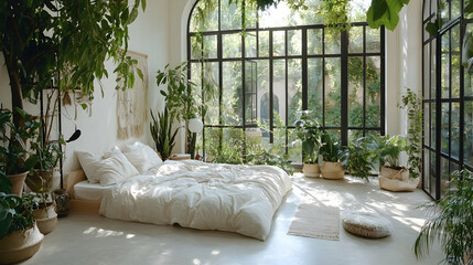 Serene bedroom, plants, large window, garden view, sunlight, interior design