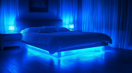 Blue LED bed lighting illuminates modern bedroom at night, creating a calming atmosphere for sleep