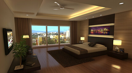 Modern bedroom design, city view, sunrise, hardwood floor, architectural rendering, real estate marketing