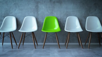 Obraz premium A Green Chair Stands Out in a Row of White Chairs Against a Concrete Wall