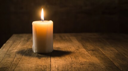 A Single Candle Glows on a Wooden Table in the Dark