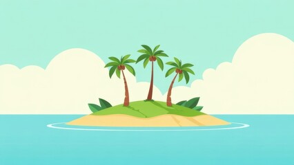 A small tropical island features three palm trees swaying gently above green grass. The surrounding calm blue water reflects a clear sky filled with fluffy white clouds, creating a serene atmosphere.