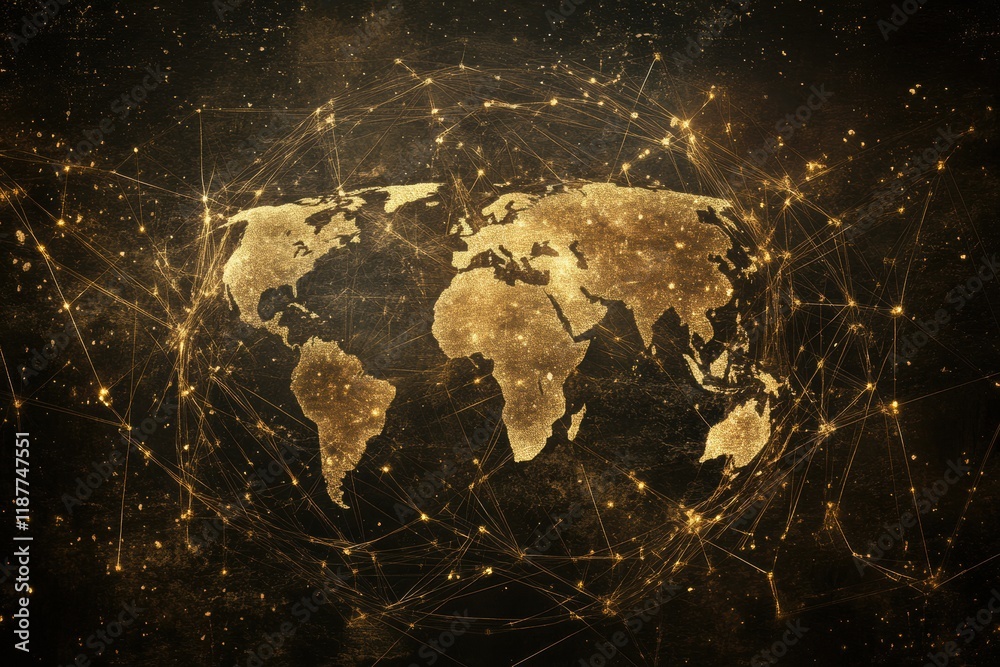 Aufkleber Web of glowing lines and dots connecting a global network over a dark background at night. Generative AI