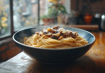 Delicious hot spaghetti with mushrooms and herbs served in a blue bowl, perfect for food lovers and culinary enthusiasts with a cozy kitchen backdrop