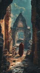 Serene Monk Walking Through Ancient Ruins at Sunrise in Cambodia