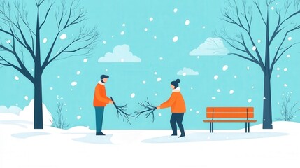 Two People in Winter Coats Walking in a Snowy Park, Enjoying the Cold Weather While Collecting Twigs and Branches for a Fire in a Beautiful Winter Landscape