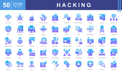 Hacking icon collection set. Containing hacker activity, artificial intelligence, cloud technology, worm virus, hacking, phishing, encryption icon.
