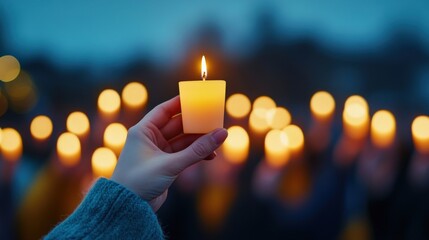 Person Holding Candle Amidst Gathering of People with Blurred Warm Candlelight in Background Creating a Serene and Reflective Atmosphere Perfect for Vigil or Remembrance Events