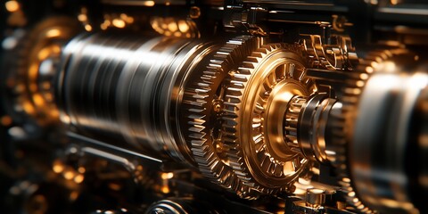 Fototapeta premium Golden gears mechanism, intricate engineering, close-up, industrial background