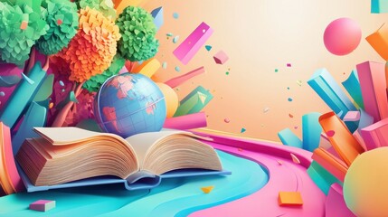 Open Book with Globe Amidst Vibrant Colorful Abstract World of Knowledge and Imagination
