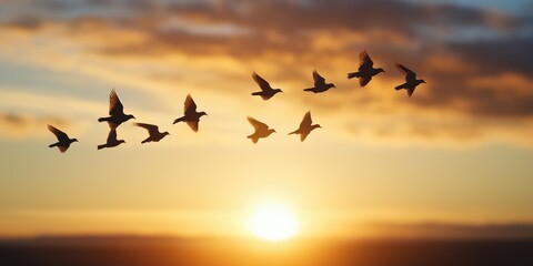 Obraz premium A breathtaking view of birds flying against a backdrop of a stunning sunset, capturing the essence of freedom and nature's beauty in a serene landscape.