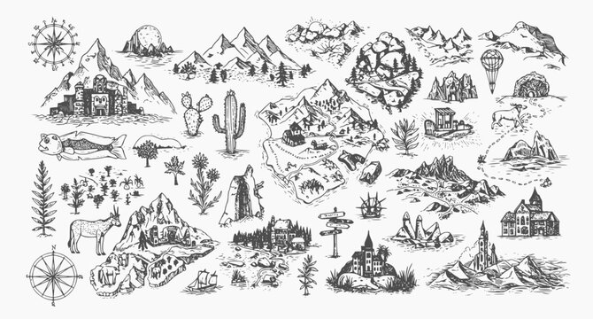 Fantasy map elements illustration, drawing, engraving, ink, line art, vector
