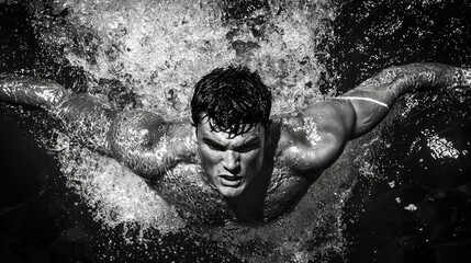 Fototapeta premium Dramatic Black and White Photograph of Swimmer Splashing Water