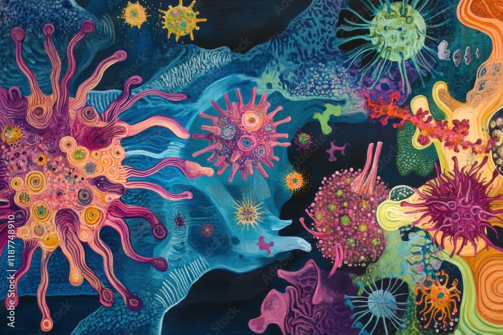 Fototapete vibrant transformation of a virus showcasing intricate mutations in a dynamic biological landscape. 