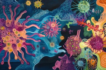 Vibrant transformation of a virus showcasing intricate mutations in a dynamic biological landscape. Generative AI