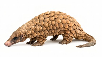 Obraz premium Pangolin: A close-up portrait of a pangolin, an intriguing and rare mammal known for its unique scaly armor. It walks on its short legs, its tiny nose pointing forward.