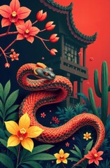 Fototapeta premium A vivid red snake coils around bright yellow and pink flowers, set against a backdrop of a traditional building and green foliage. The atmosphere is rich with artistic flair and cultural essence.